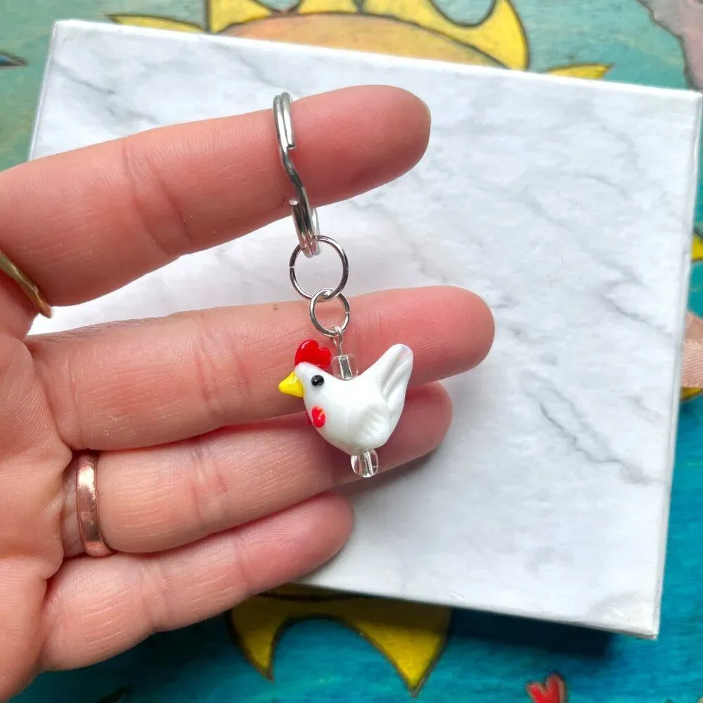 Ceramic White and Red Rooster Charm Key Chain